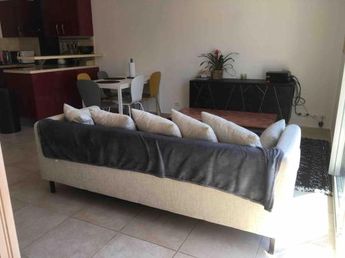 un canapé avec des coussins dessus dans un salon dans l'établissement Villa Pandoué - Peaceful oasis, à Cuers