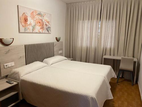 a bedroom with a bed and a desk and a window at Hotel Praderón in San Sebastián de los Reyes