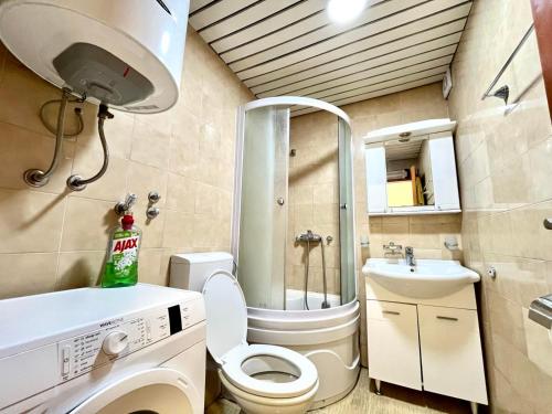 a small bathroom with a toilet and a sink at 3 bedroom apartment Budva in Budva