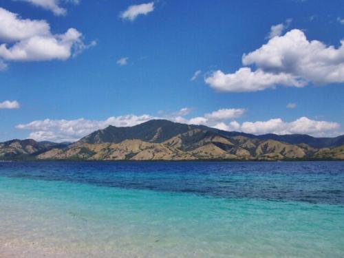 a view of the ocean with mountains in the background at Rezka Roomz Syari'ah in Ende