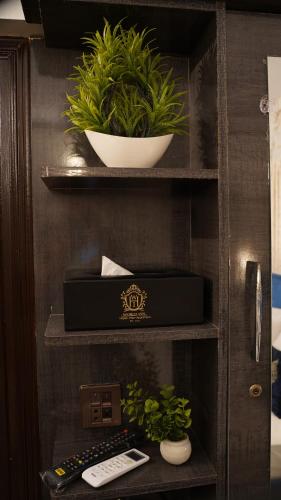 a shelf with a remote control and plants on it at Service Apartment by World Inn in Karachi