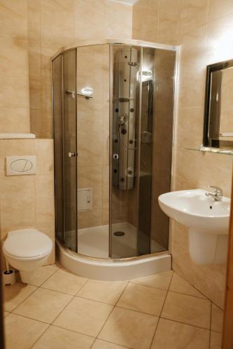 a bathroom with a shower and a toilet and a sink at Oberza Knieja in Raducki Folwark