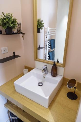 une salle de bain avec un lavabo blanc et un miroir dans l'établissement Loft Spirit, 15 Minutes Walk from Eiffel Tower, à Paris