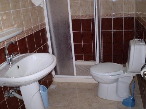 a bathroom with a toilet and a sink and a shower at Linda Apart Hotel in Side