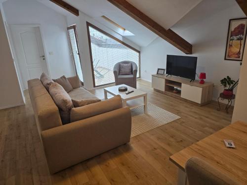Una sala de estar con un sofá y un televisor. en APP E.N.A., en Umag