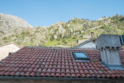 a red tile roof with a mountain in the background at Hotel Rendez Vous in Kotor