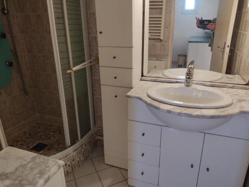 une salle de bain avec un lavabo et une douche dans l'établissement Gruissan - T2 Mezzanine Climatisé - 6 Pers - Parking Proche Plage - FR-1-796-87, à Gruissan