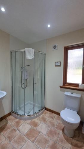 a bathroom with a shower and a toilet and a window at Cairngorm Lodges in Aboyne