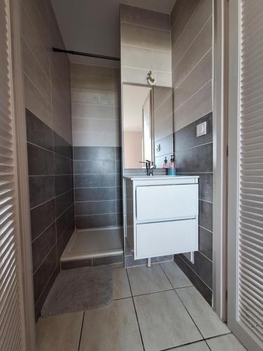 une salle de bain avec un lavabo et une douche dans l'établissement Les pieds dans l'eau, à Argelès-sur-Mer