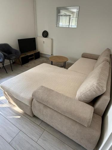 un salon avec un canapé et une télévision dans l'établissement Appartement parking proche Dijon centre, à Longvic