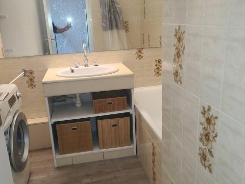 une salle de bain avec un lavabo et une machine à laver dans l'établissement Studio cabine avec terrasse et parking à Palavas - FR-1-559-43, à Palavas-les-Flots