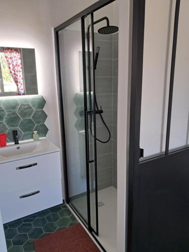 une douche avec une porte vitrée à côté d'un lavabo dans l'établissement Gentil coquelicot, à Mirepoix