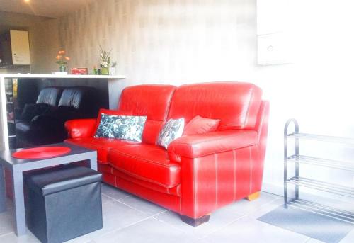 - un fauteuil inclinable en cuir rouge dans le salon dans l'établissement appartement T2 TURSAN, à Bahus-Soubiran