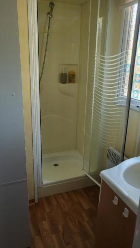 une salle de bain avec douche et lavabo dans l'établissement Mobil home 3 chambres, à Saint-Georges-de-Didonne