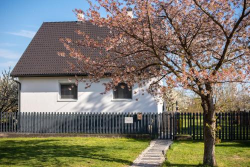 a white house with a black fence and a tree at Sunny Beach in Zánka