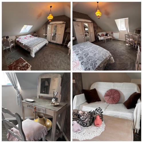 un collage de quatre photos d'une chambre dans l'établissement Grand gîte 8pers, proche mer, jardin et barbecue, à La Celle-sous-Gouzon