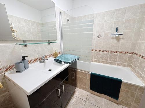 a bathroom with a sink and a bath tub at Studio Centre Ville Tarbes in Tarbes
