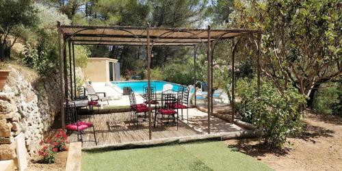 altana z krzesłami i stołem oraz basen w obiekcie Villa CIGALONS en pleine pinède avec PISCINE chauffée de mai à septembre w mieście Auriol