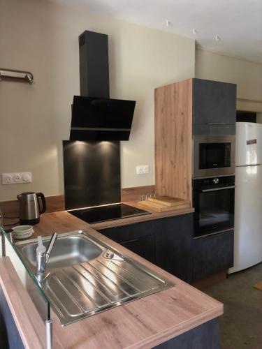 une cuisine avec un évier et une cuisinière four supérieur dans l'établissement La Buchille, à Château-Chervix