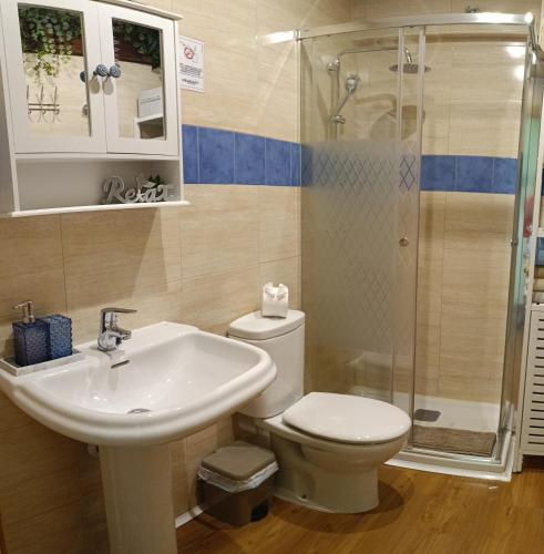 ein Badezimmer mit Waschbecken, Toilette und Dusche in der Unterkunft Mikaela Segunda-planta sin ascensor in El Burgo de Osma-Ciudad de Osma