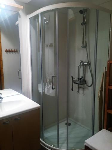 une douche en verre dans une salle de bain avec un lavabo dans l'établissement Eden des Cimes, La Joue du Loup, à La Joue du Loup