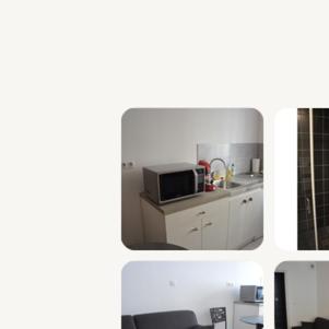 un collage de trois photos d'une cuisine avec un micro-ondes dans l'établissement Chamoz, à Salins-les-Bains