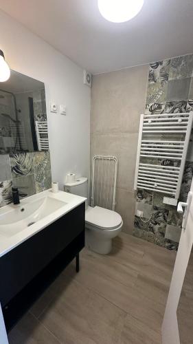 une salle de bain avec un lavabo et des toilettes dans l'établissement Maison de vacances à proximité de la plage à pieds, à La Celle-sous-Gouzon