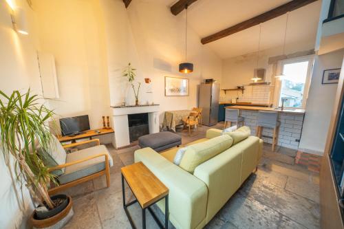 un salon avec un canapé et une cheminée dans l'établissement L'Atelier 29, beau T2 cosy and chill, à Montpellier