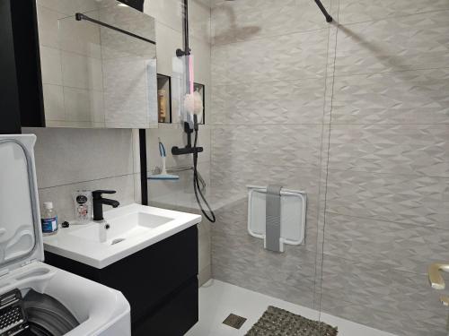une salle de bain avec un lavabo et une douche dans l'établissement Antibes La Louisiane 2 Pieces rez-de-jardin Piscine, à Antibes