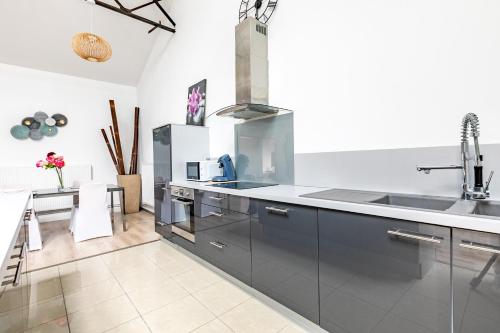 une cuisine avec un évier et un plan de travail dans l'établissement Loft & Spa LE FAUBOURG SAINT MARTIN, à Senlis
