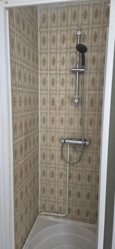 une douche dans une salle de bain avec un mur carrelé dans l'établissement maison d'hôte, gîte, la maisonnette, à Vic-sur-Cère