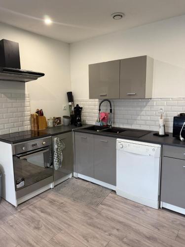 une cuisine équipée d'appareils en acier inoxydable et de placards gris dans l'établissement Nid paisible avec un coin terrasse, à Faramans