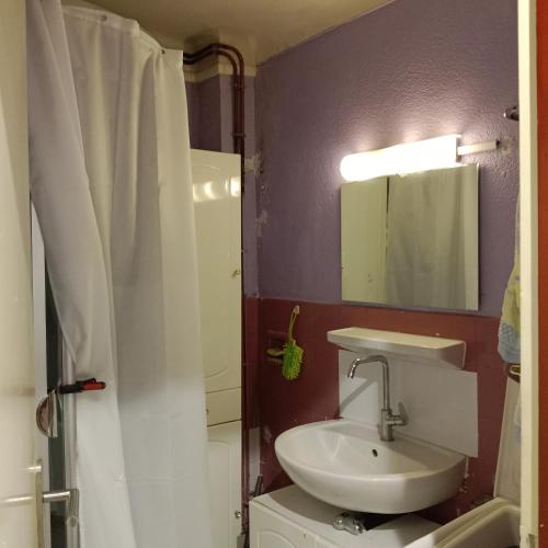 une salle de bain avec un lavabo, des toilettes et un miroir dans l'établissement Grand Appartement T2 avec parking et clim à 50m de la Plage centrale !, à Canet