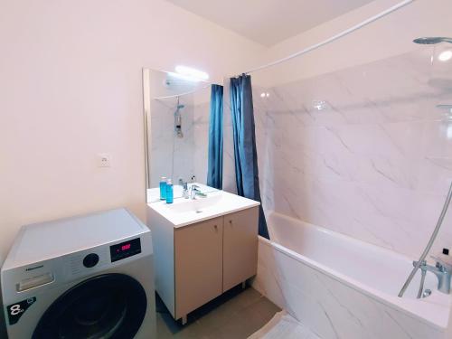 une salle de bain avec un lavabo et une machine à laver dans l'établissement Martin's House, à Bayonne