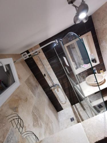 une salle de bain avec une douche avec une porte vitrée dans l'établissement Appartement T3 Residence calme, à Courthézon