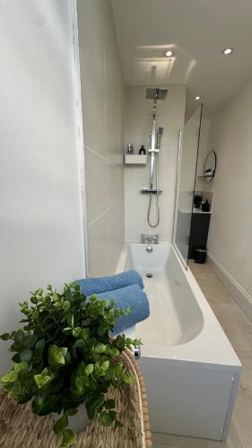 a bathroom with a tub and a sink and a plant at Bright and spacious apartment near Glasgow in Dalmuir