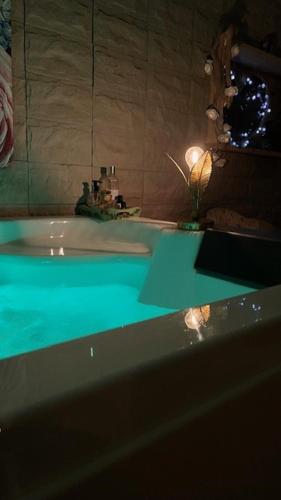 La salle de bains est pourvue d'une baignoire avec un comptoir vert. dans l'établissement La cabane des amoureux du jardin, à Barjols