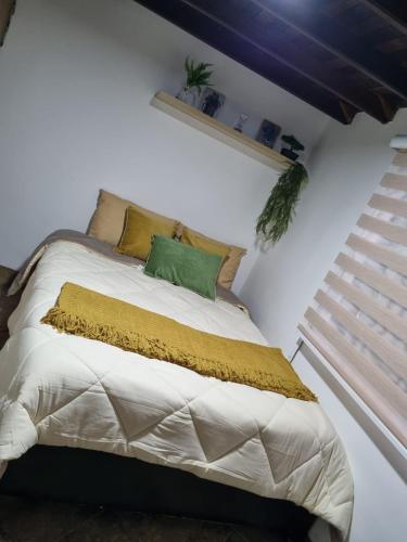 a bedroom with a bed with a green pillow on it at Pedacito de cielo in San Antonio de Prado