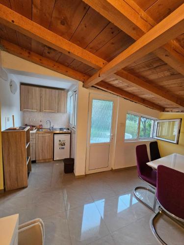 a kitchen with wooden ceilings and a table and chairs at Apartment Stepen in Trstenik