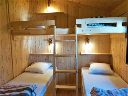 Ce lit se trouve dans un dortoir doté de 2 lits superposés et de murs en bois. dans l'établissement Cabane 3 étoiles - Piscine - efchcf, à Saint-Cirq-Lapopie