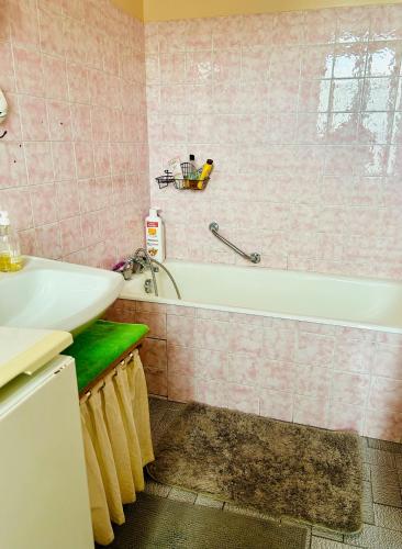 une salle de bain avec un lavabo et une baignoire dans l'établissement Maison dans petit village du Morvan, à Vieux-Château