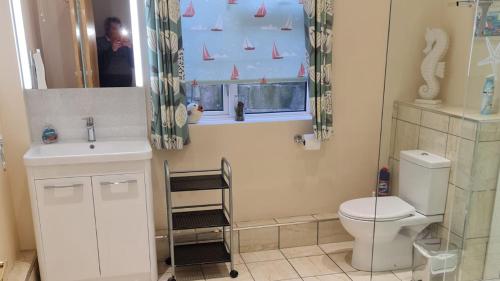ein Badezimmer mit Waschbecken und Toilette und einem Fenster in der Unterkunft Beach View House - Self Catering Hayle, St Ives Bay Cornwall in Hayle
