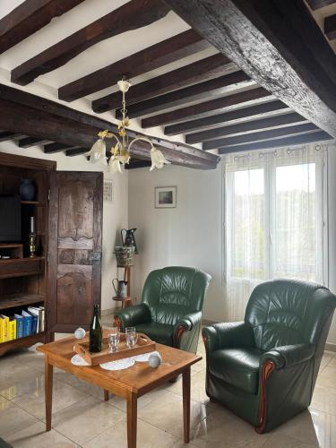 a living room with two green leather chairs and a table at Gite De Malvoue in Vimoutiers