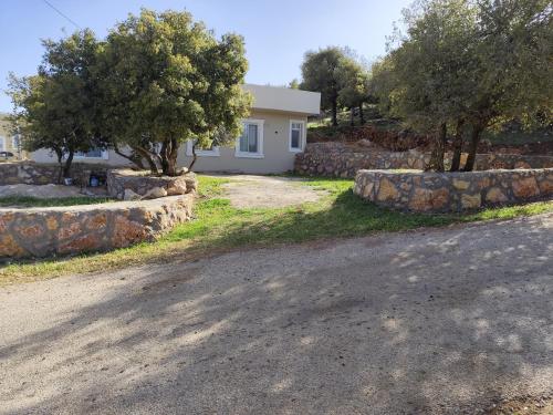 a house with two trees and a stone wall at فيلا بيت الجبل in Ishtafaynā