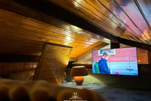 - une télévision dans une chambre avec plafond dans l'établissement The Boat Central Terrace Retreat 2 Guests, à Honfleur