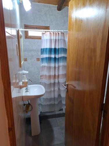a bathroom with a sink and a shower curtain at Pinares de Cacheuta in Las Heras
