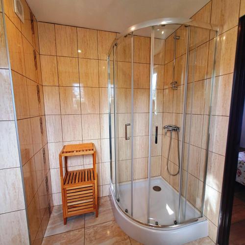 a shower with a glass door in a bathroom at Wichrowe Wzgórza in Strzebowiska