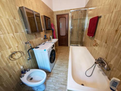 a bathroom with a toilet a sink and a washing machine at Casale Valdilana in Mosso Santa Maria