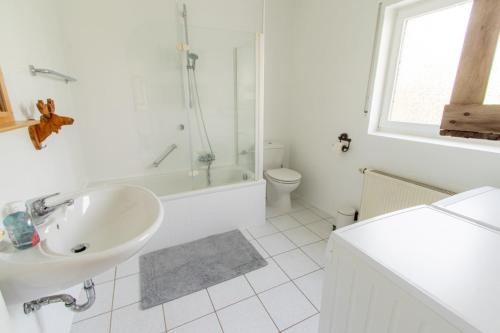 a white bathroom with a sink and a toilet at Ferienhaus am See -Teichanlage Kern in Oberelbert