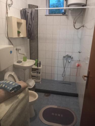 a bathroom with a shower and a toilet and a sink at Via Dinarica GuestHouse in Jablanica